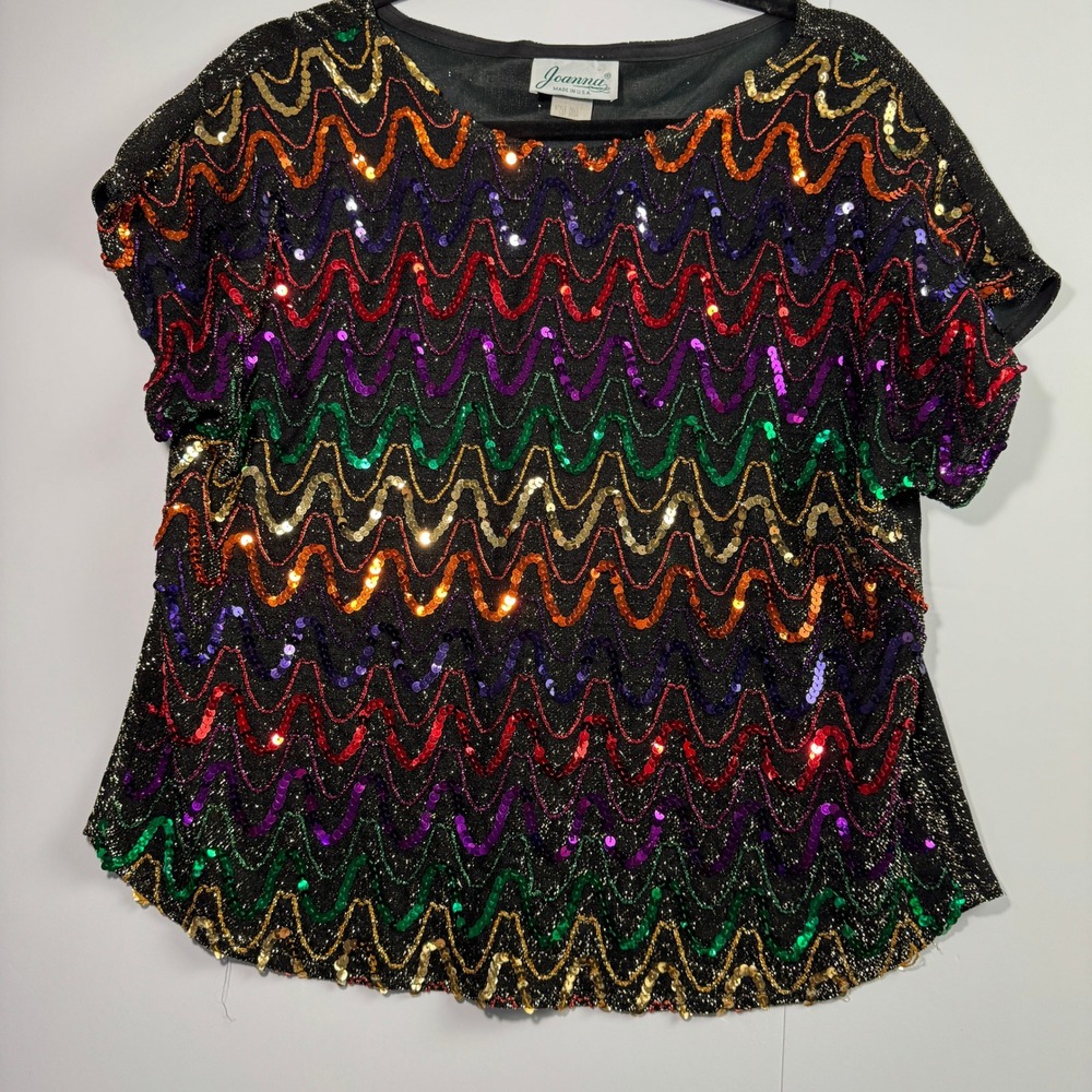 Vintage Joanna Sequin Top Rainbow Zig Zag Metallic Black Blouse USA Made 7011